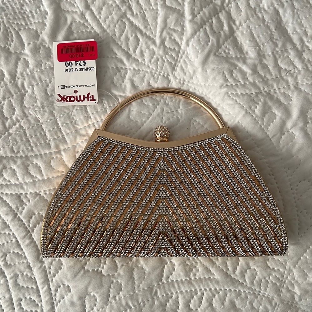 Gold metal rhinestone formal evening bag purse NWT